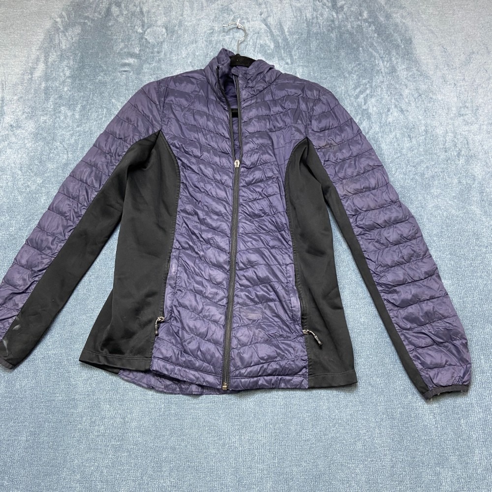 32 Degrees Heat Puffer Jacket Womens S Purple Black Quilted Mock Neck Full Zip